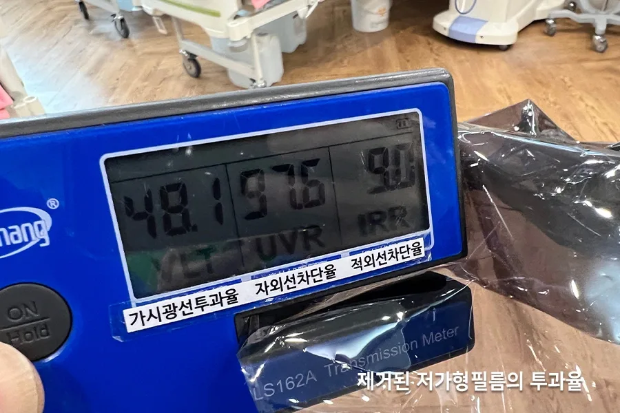 철거한 기존 필름의 투과율을 측정기로 확인하는 모습, 가시광선투과율 48.1%로 표시된 화면
